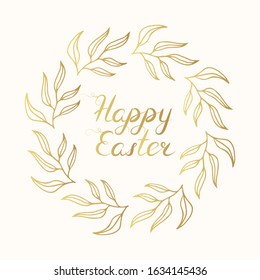 Happy Easter golden frame with lettering. Cute gold floral wreath holiday greeting card, invitation template.
