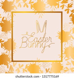 happy easter golden frame with rabbit ears and leafs