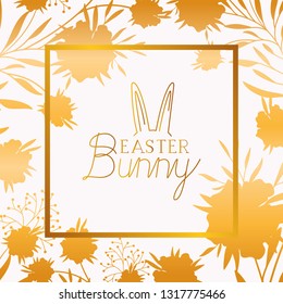 happy easter golden frame with rabbit ears and leafs