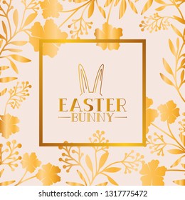 happy easter golden frame with rabbit ears and leafs