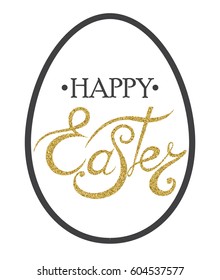 Happy Easter Golden Glitter Lettering on the black cut egg and white background. Vector illustration.
