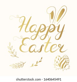Happy Easter golden illustration with bunny ears, eggs composition and lettering. Cute gold floral holiday greeting card, invitation or poster template.