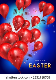 Happy Easter. Golden inscription with sparkling confetti and red balloon bunch on blue background. Christian religion event. Festive banner.