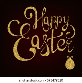 Happy Easter golden lettering. Greeting card or poster for holiday, letters made of gold sand. Abstract shining handmade calligraphy on dark background. Vector illustration.