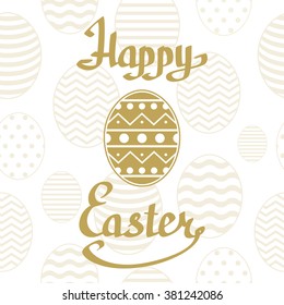 Happy Easter golden lettering handmade calligraphy on white background and golden eggs. Greeting card template. Vector illustration.