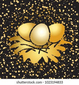 Happy Easter. A golden nest with eggs. Golden splashes and drops on a black background.Vector illustration