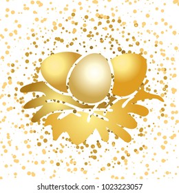 Happy Easter. A golden nest with eggs. Golden splashes and drops on a white background.Vector illustration