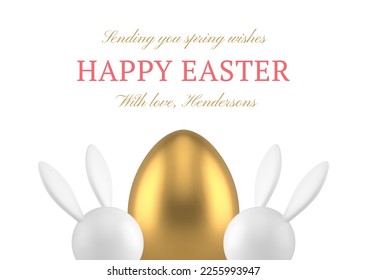 Happy Easter golden painted chicken egg rabbit bauble 3d greeting card design template realistic vector illustration. Premium eggshell bunny toy religious festive holiday celebration congrats element