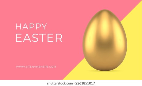 Happy Easter golden painted chicken egg religious holiday 3d banner design template realistic vector illustration. Traditional spring festive celebration eggshell decor treat toy congratulations