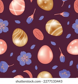 happy easter. Golden and pink chocolate eggs with stars and stripes. Spring flowers, forget-me-nots. Seamless pattern. illustration in realistic style. For wallpaper, fabric, wrapping, background.