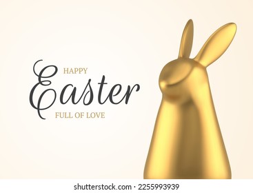 Happy Easter golden rabbit bauble festive 3d greeting card design template realistic vector illustration. Premium bunny hare toy statuette religious spring holiday festive congratulations element