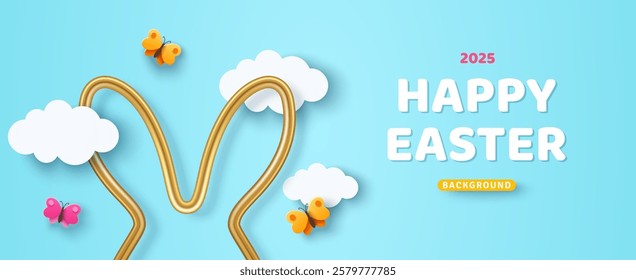 Happy Easter golden rabbit silhouette, 3d clouds and butterfly on blue background. Vector illustration. Place for text. Spring egg hunt card, minimal voucher template, modern poster, creative banner