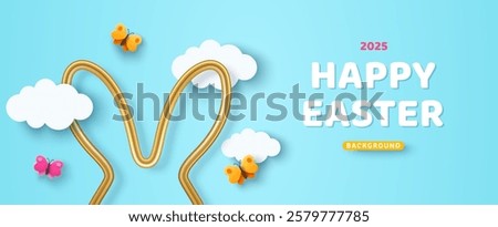 Happy Easter golden rabbit silhouette, 3d clouds and butterfly on blue background. Vector illustration. Place for text. Spring egg hunt card, minimal voucher template, modern poster, creative banner