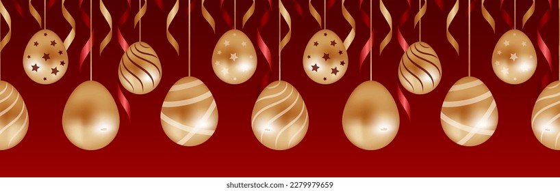 Happy easter. Golden and red, garland of chocolate eggs with stars and stripes, ribbons. Seamless border. Vector illustration realistic style. For website, fabric, wrapping, background.