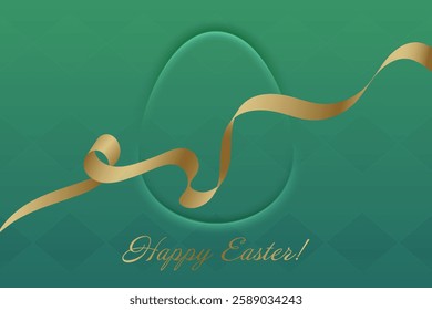 Happy Easter. Golden ribbon gracefully flows across a rich green background, highlighting the elegance of the holiday. A perfect festive greeting card.