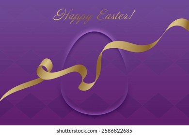 Happy Easter. Golden ribbon on purple background, festive greeting card, Christian holiday, resurrection, faith, blessing, church tradition, prayer, spiritual joy, renewal, spring celebration.