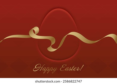 Happy Easter. Golden ribbon on deep red background, festive greeting, Christian holiday, resurrection, faith, blessing, spring celebration, church tradition, renewal, prayer, sacred day.