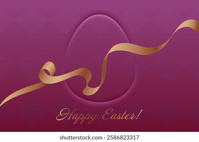 Happy Easter. Golden ribbon on purple background, festive greeting card, Christian holiday, resurrection, faith, blessing, spring celebration, church tradition, renewal, prayer, spiritual joy.