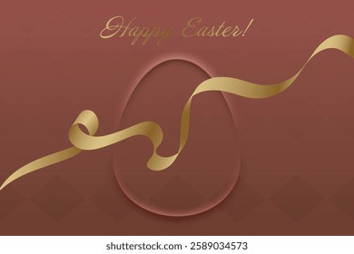 Happy Easter. Golden ribbon on warm red background, festive greeting card, Christian holiday, resurrection, faith, blessing, prayer, spring celebration, sacred tradition, renewal, church.