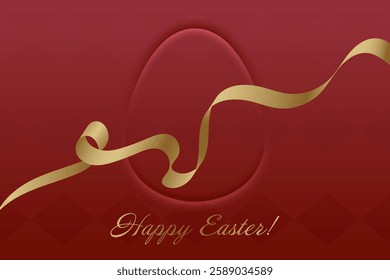 Happy Easter. Golden ribbon on deep red background, festive greeting card, Christian holiday, resurrection, faith, blessing, spring celebration, sacred tradition, church, renewal, prayer.