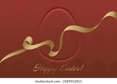 Happy Easter. Golden ribbon on red background, festive greeting card, Christian holiday, resurrection, faith, blessing, church tradition, prayer, spring celebration, renewal, peace.