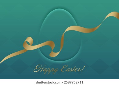 Happy Easter. Golden ribbon sways across a green background, complementing the subtle egg shape. A refined and elegant greeting card for the festive season.