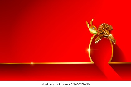 Happy Easter Golden Skyline Rabbit and Egg, flat design, outline drawing Easter Bunny with gold bow ribbon greeting card, vector isolated on red background