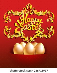 Happy Easter golden title with golden eggs on red background