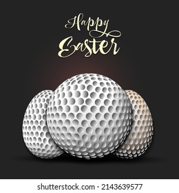 Feliz Pascua. Balón de golf y huevos de pascua decorados en forma de pelotas de golf. Patrón para tarjeta de saludo, pancarta, afiche. Ilustración del vector en el fondo aislado