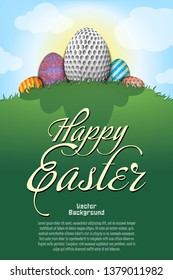 Happy Easter. Golf ball in the form of egg and easter painted eggs on a hill with grass on the background of the sun and cloud. Pattern for poster, greeting card, invitation. Vector illustration