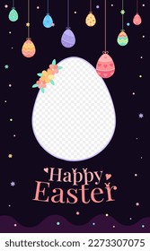 Happy Easter Good Friday reborn rebirth spring flower greeting banner, blank space for photo or text. Decoration element easter eggs hanging garland.