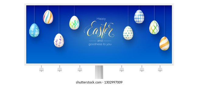 Happy Easter and goodness to you. Billboard with festive greetings isolated on white background. Calligraphic handwritten text and wishes for holidays. Easter eggs with hand painting patterns.
