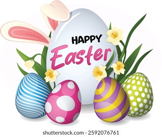 Happy Easter Graphic with Daffodils, Bunny Ears and Colorful Easter Eggs. Festive Cartoon Detailed Art