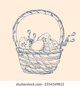 Happy easter graphic ink basket with eggs and branches. Hand drawn outline sketch of spring flowers. Pencil drawing art.