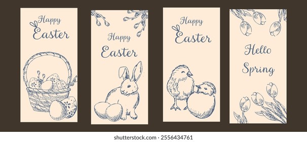 Happy easter graphic ink greeting cards set. Hand drawn outline sketch of bunny, eggs, chicken, spring flowers and roses. Pencil drawing art.