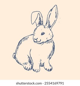 Happy easter graphic ink hare. Hand drawn outline sketch of bunny. Pencil drawing art of rabbit.