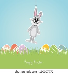 happy easter gray bunny colorful eggs grass