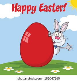 Happy Easter From Gray Rabbit Cartoon Character Waving Behind Egg. Vector Illustration 