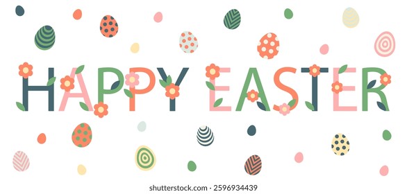 Happy Easter greating banner with lettering and minimalistic decoration. Geometry design