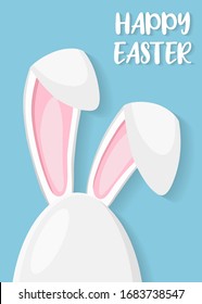 Happy easter greating card with egg and cute bunny ears - traditional symbol of holiday. Simple eggs hunt design. Vector illustration for poster, card or banner.