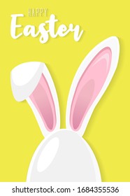 Happy easter greating card with egg and cute bunny ears - traditional symbol of holiday. Simple eggs hunt design. Vector illustration for poster, card or banner.
