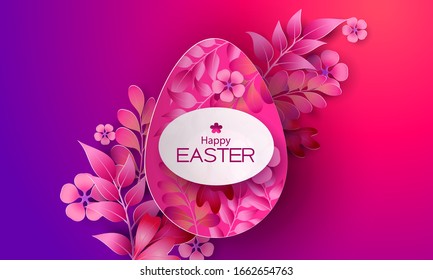 Happy Easter greating card. Purple and red abstract background with egg and flowers. Spring, nature, overcast. Vector paper cut style illustration paper.