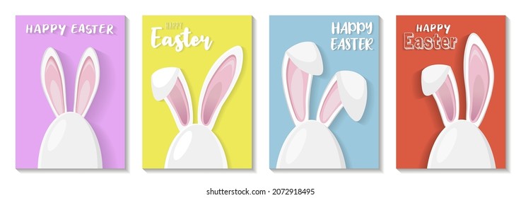 Happy easter greating cards set with egg and cute bunny ears - traditional symbol of holiday. Simple eggs hunt design. Vector illustration for poster, card or banner.