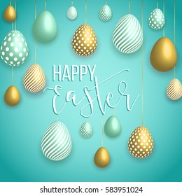 Happy Easter green background with colorful, dotted, striped gold eggs, Egg hunt for children template layout. Vector illustration. Design layout for invitation, card, menu, banner, poster, voucher.