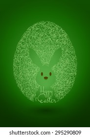 Happy Easter Green Background with Egg & Rabbit, Vector Illustration