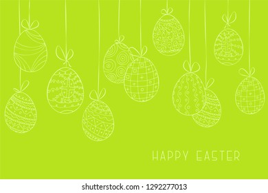 Happy easter green background with hand drawn hanging ornamental eggs. Holiday greeting card, brochure, banner, cover, poster