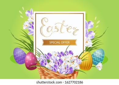 Happy Easter green banner with  square paper frame and basket of snowdrops. Vector. Eps 10