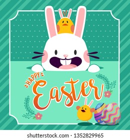 Happy Easter Green Banner Vector, Bunny, Chickens & flower 