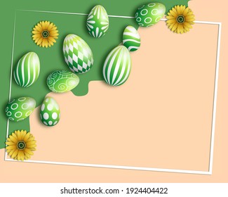 Happy Easter Green Card With Yellow Flowers And Easter Eggs