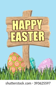 Happy Easter. Green grass. Colorful eggs. Traditional treats for paschal. Wooden plaque. Wood pointer. Colored eggs
